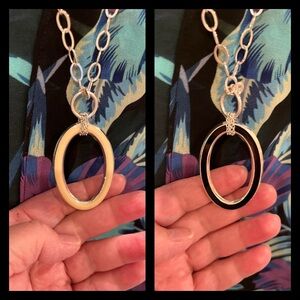 N196 Reversible Ebony/Ivory Oval on Shiny Silvertone Chain Toggle- no tarnish